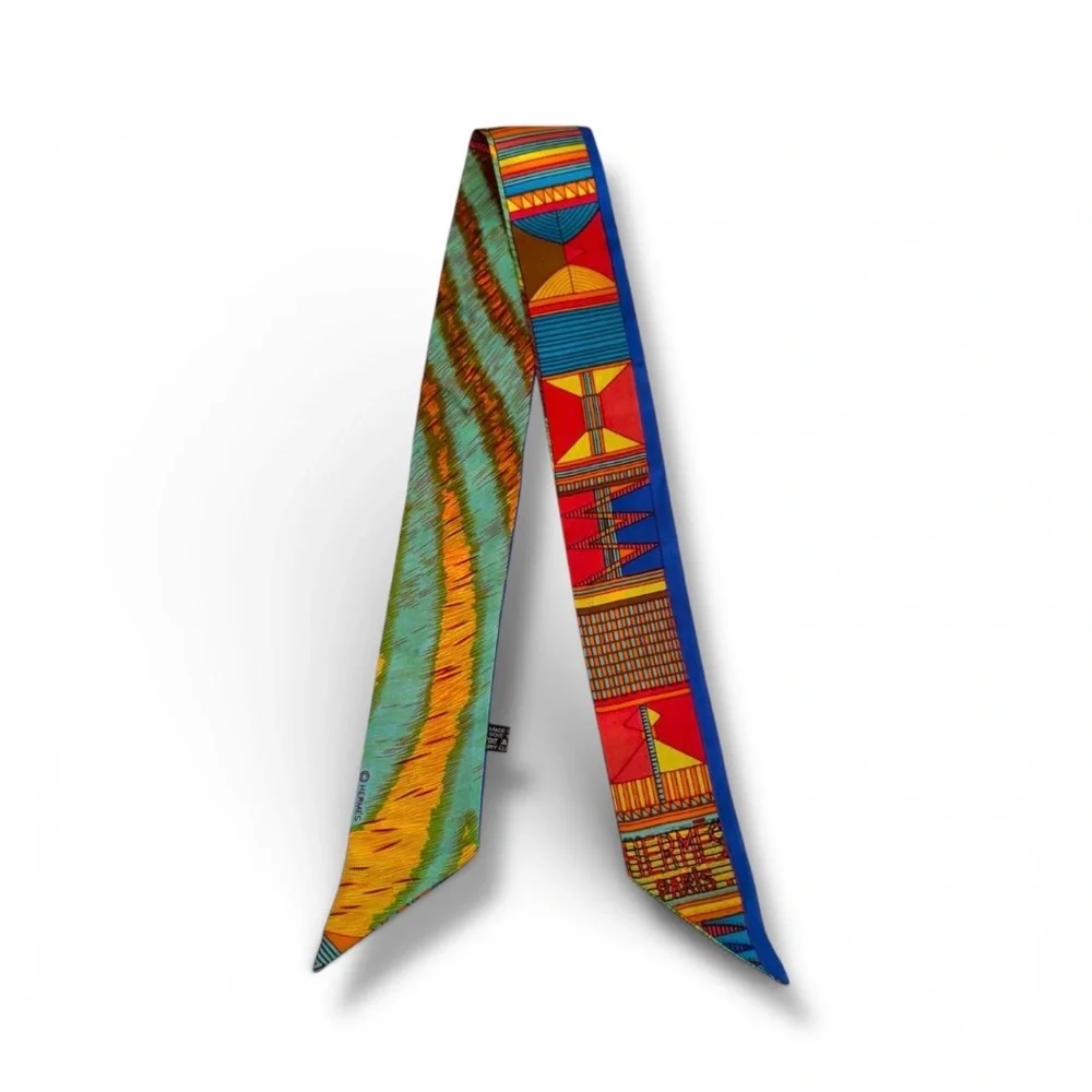 💗HERMES 100% Silk Twilly Ribbon Scarf • Vibrant Multicolor Blue Red Green Orange - Picture 4 of 10